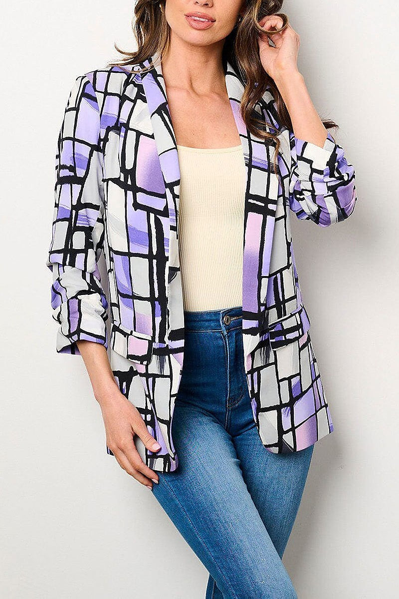 Ruched sleeves open front pockets printed blazer (EFWT9126)