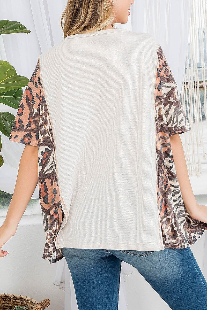 Animal print slit detail color block top (EF3081)