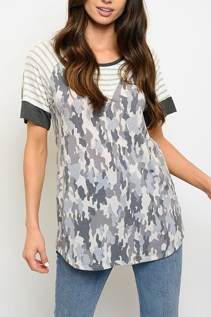 Stripe sleeve camo print top (EDWT4154)