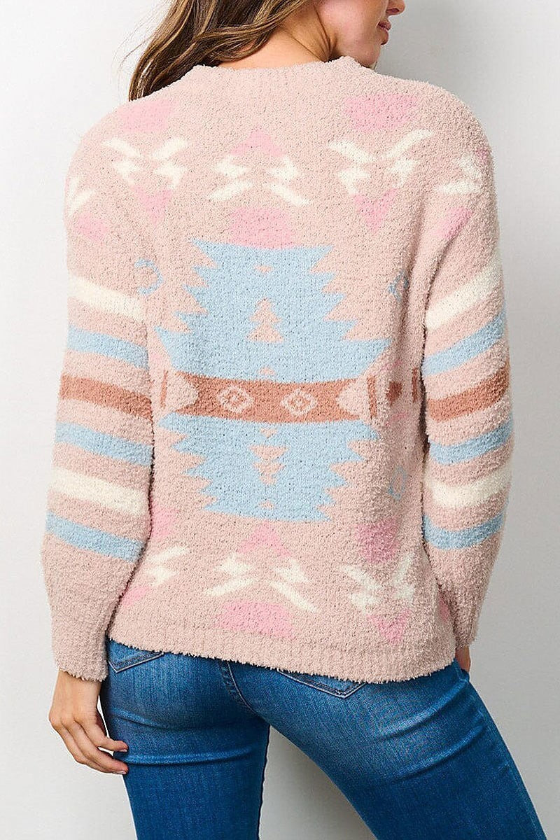 Long sleeve multi print pullover sweater (EFWT7898)