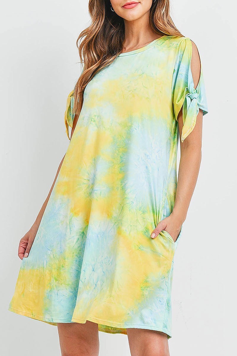 Tie sleeve round neck tie dye dress with inseam pocket (DED6587)