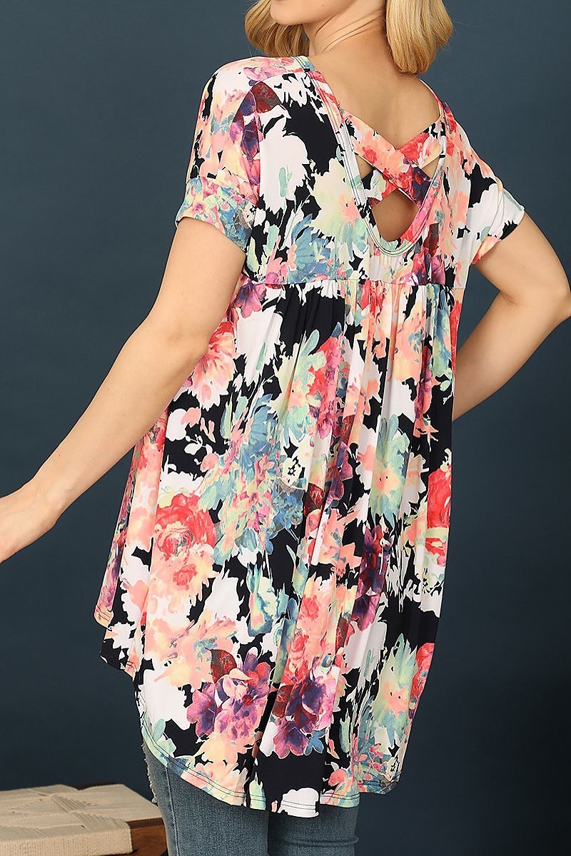 Multicolor short sleeve long back tunic floral top (EF7393)