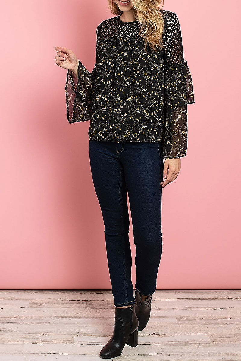 Lace trimmed bell sleeve floral print top (ED7931)