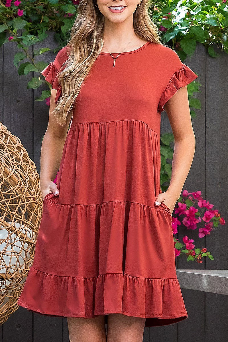 Ruffle short sleeve tiered solid dress (DED8372)