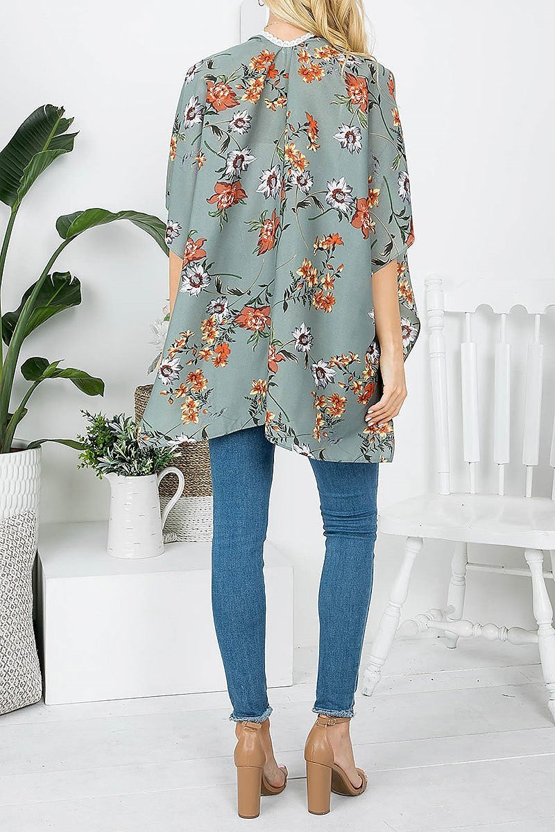 Floral print kimono with lace trim (EF3970)