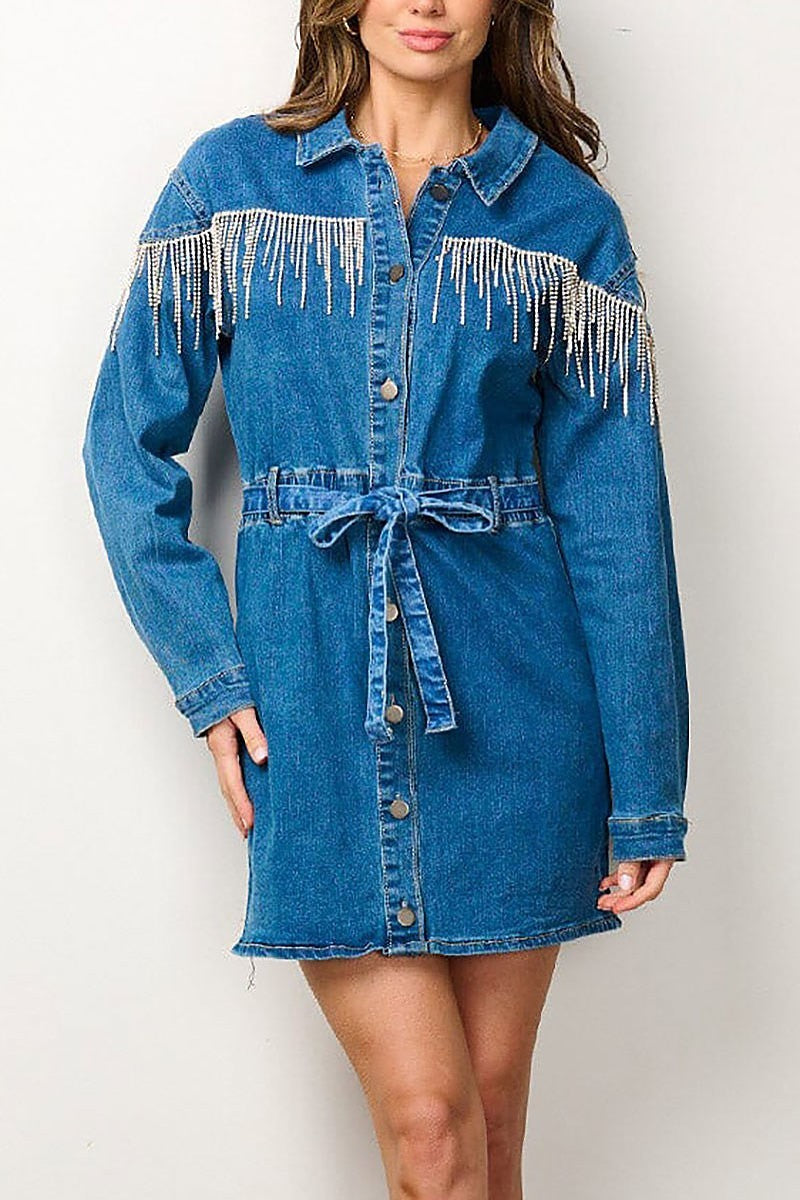 Button up tassel studs detailed denim mini dress (EFWT6873)