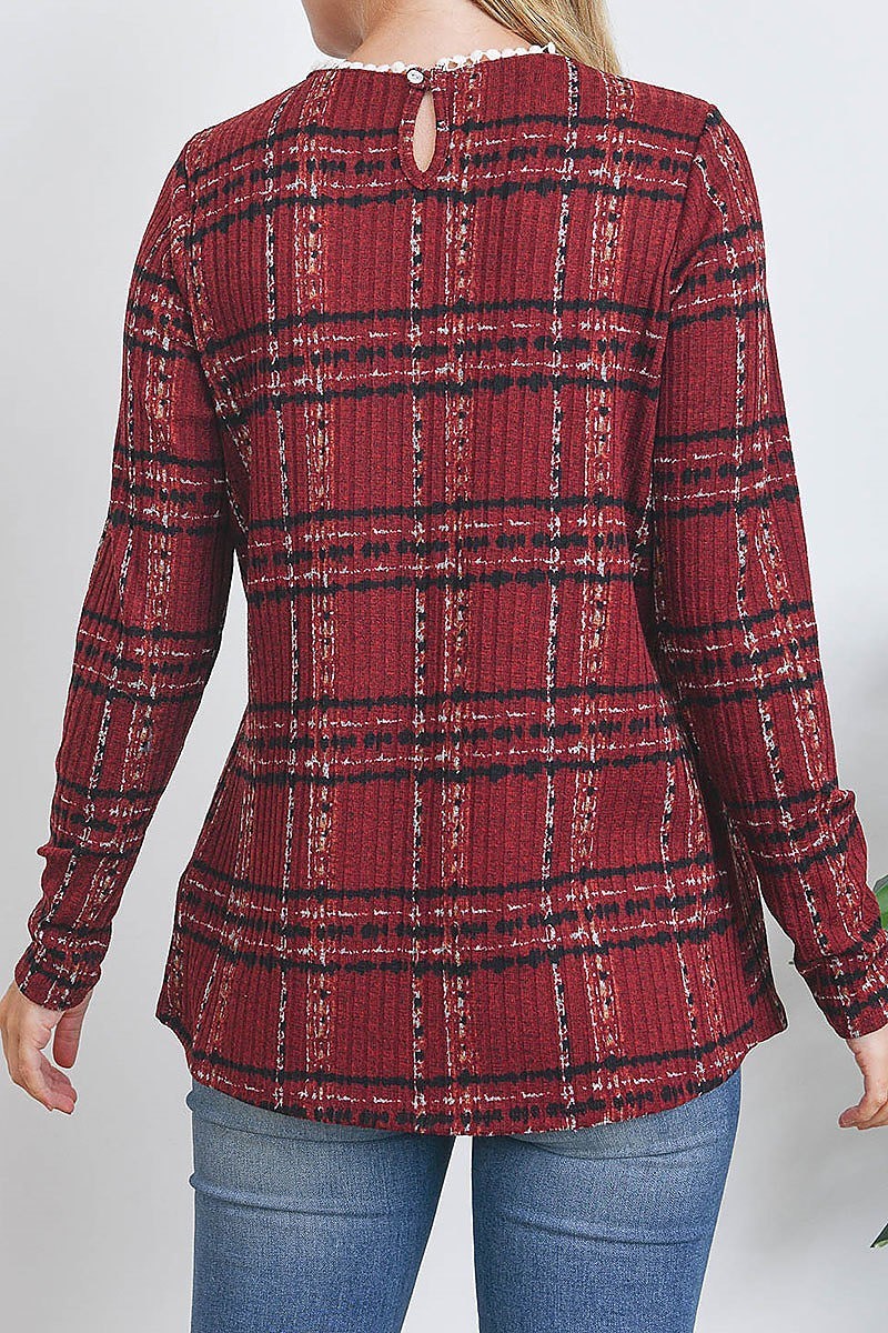 Pompom detail long sleeve plaid top (EF2409)