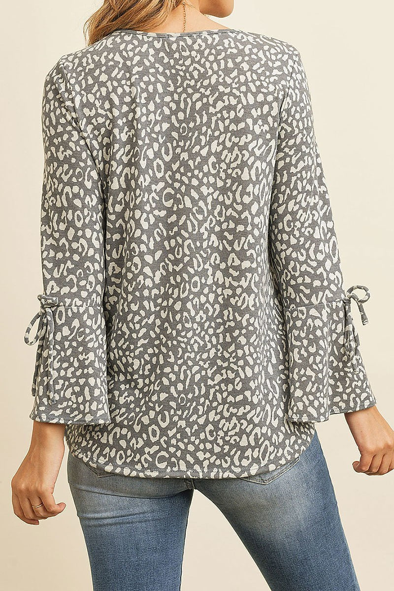 Bell sleeve ribbon detail round neck leopard top (ED8060)