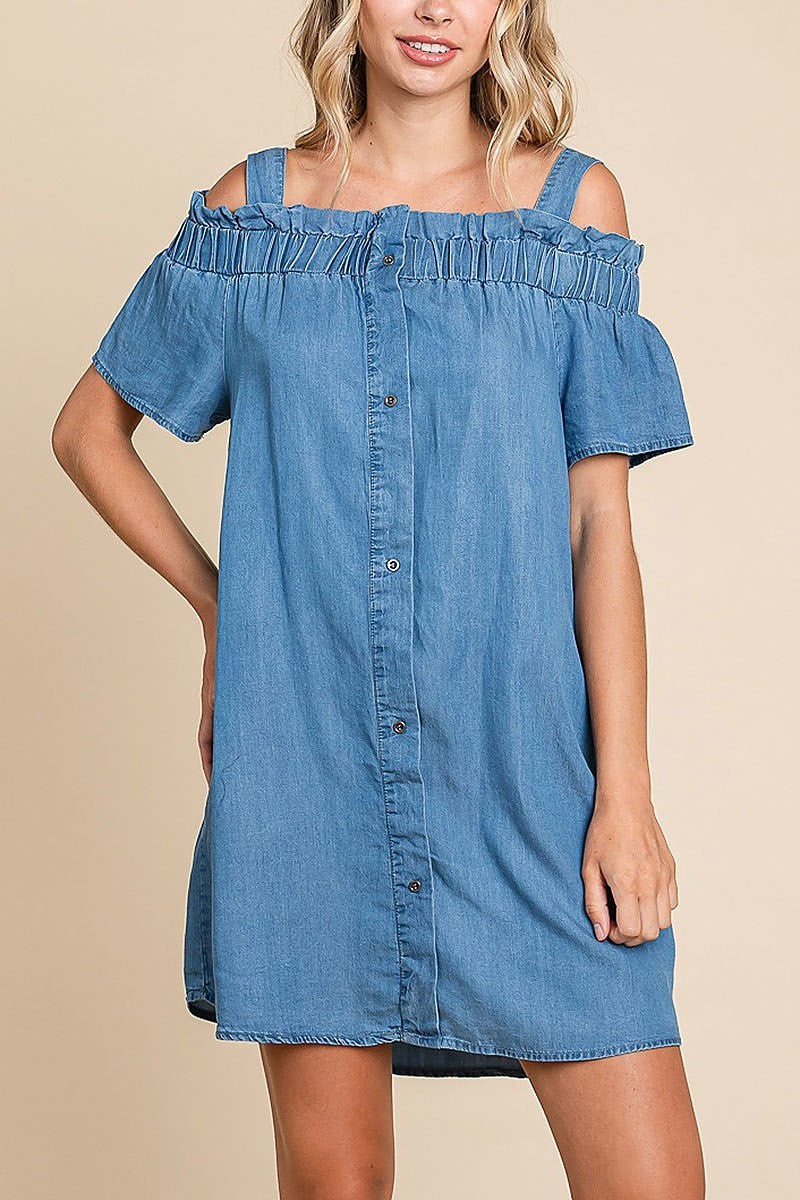 Chambray button-down cold-shoulder mini dress (EDH1624)