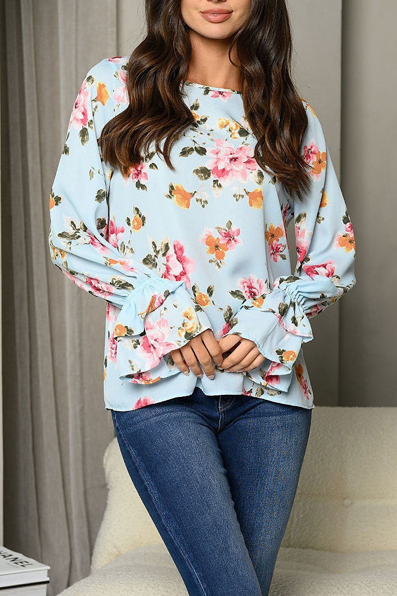 Long bell sleeve ruffle floral tunic top (EDWT6881)