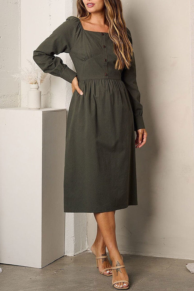 Long sleeve buttons detailed midi dress (EFWT3400)