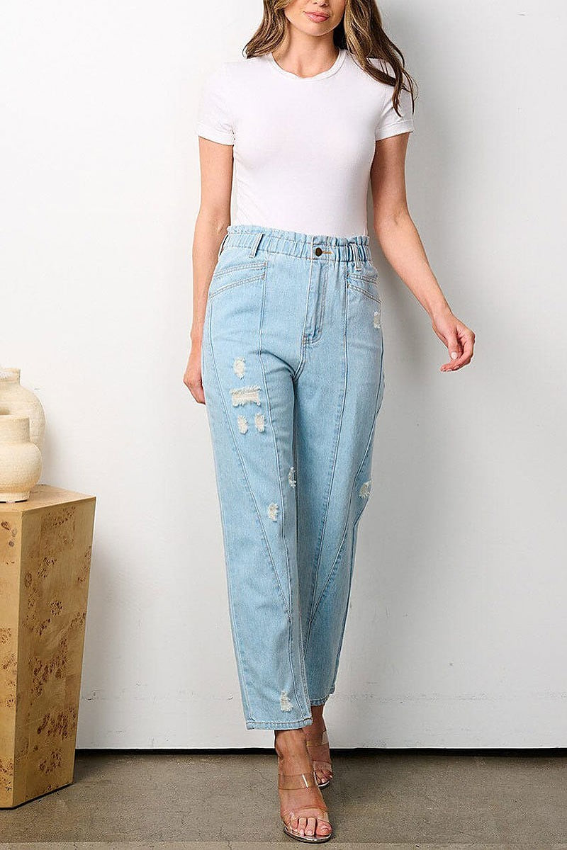 Button closure pockets distressed denim pants (EFWT7994)