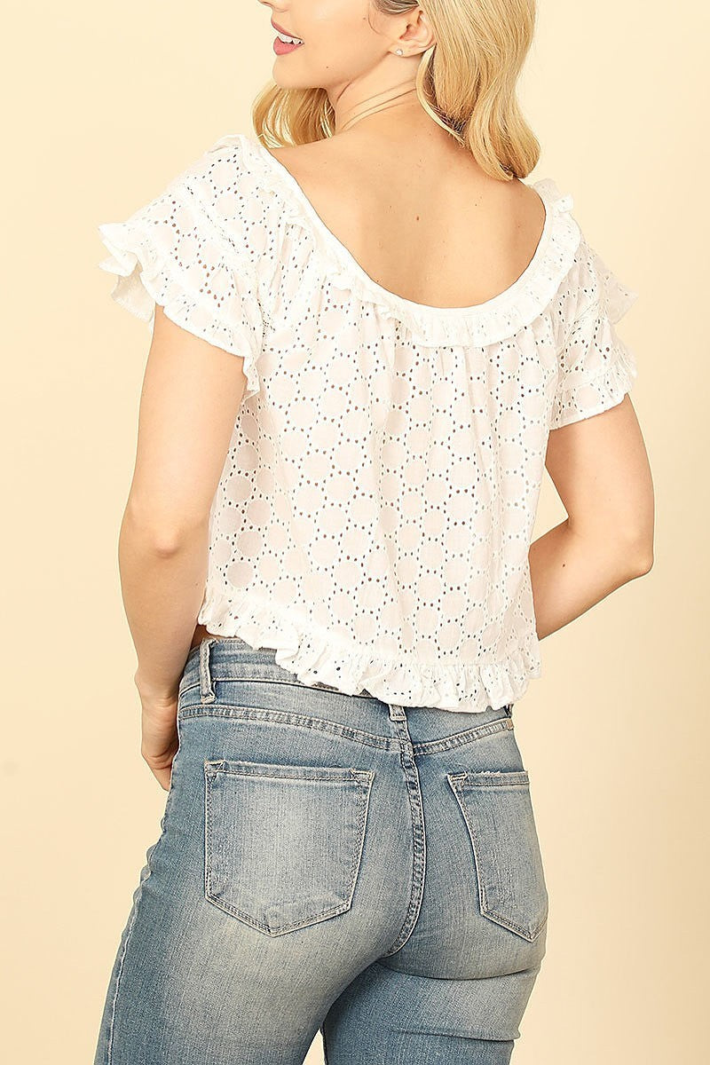 Short ruffle sleeve eyelet detail crop top (EF7486)