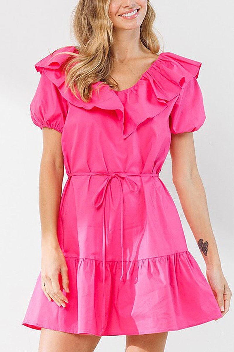 Short puff sleeve ruffle tiered mini dress (EDWT8712)