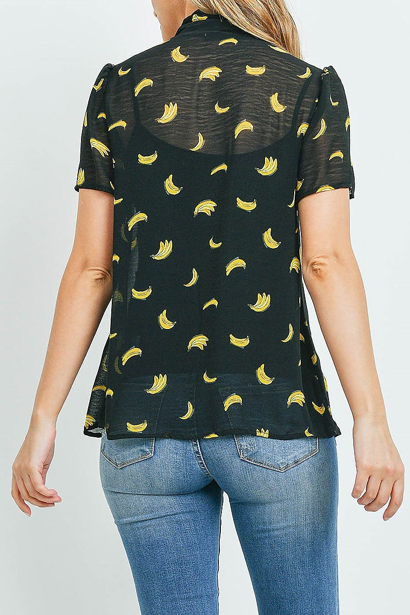 Banana print tie neck detail sheer top (ED9350)