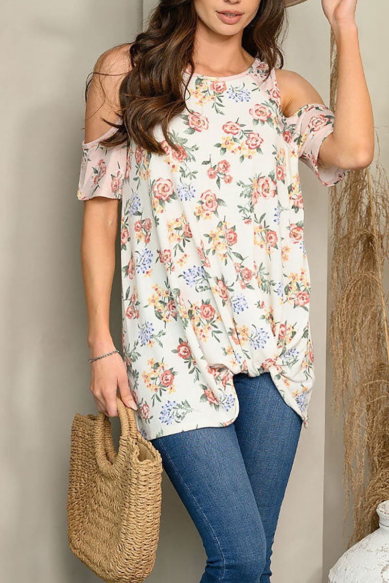 Cold shoulder floral front knot top (EDWT5279)