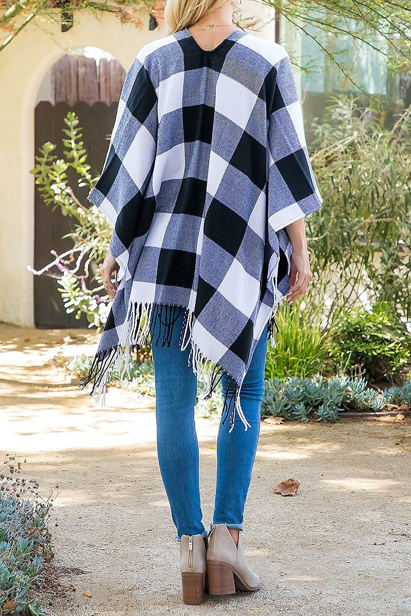 Plaid open front fringe kimono (DGS5878)