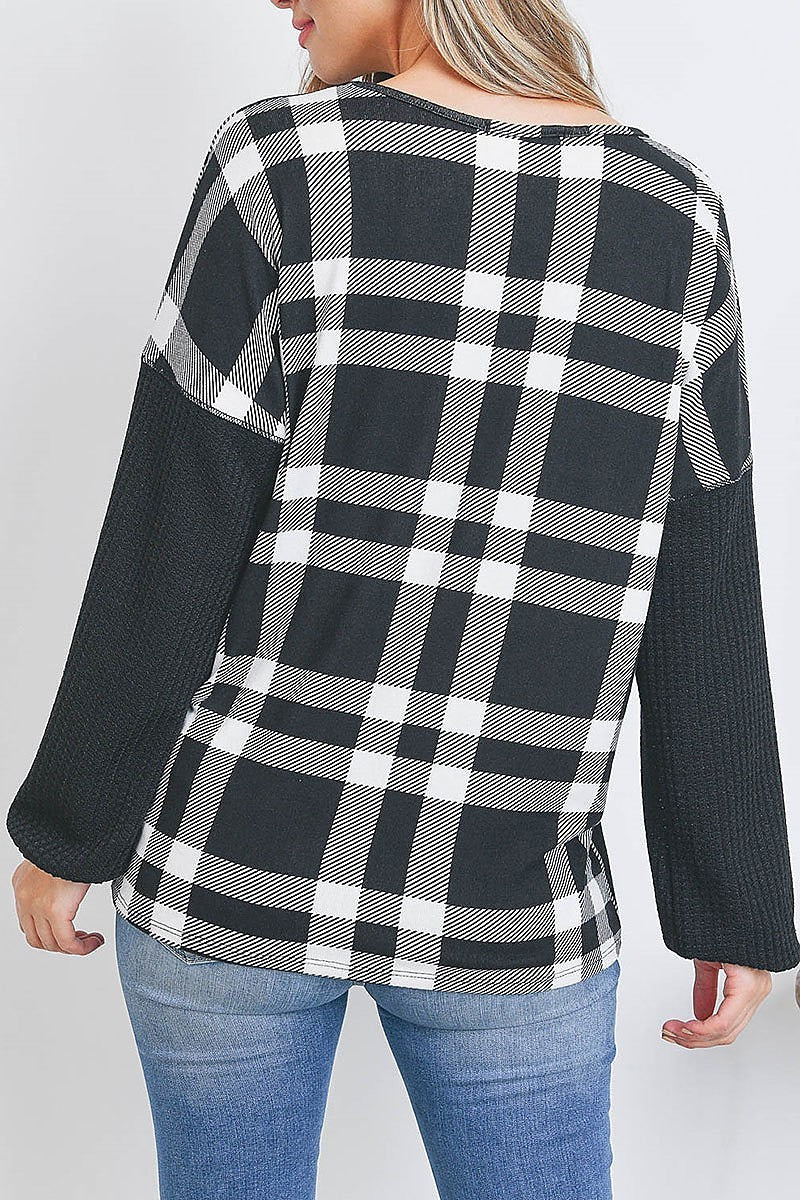 Knit elastic band long sleeve plaid top (EF2643)