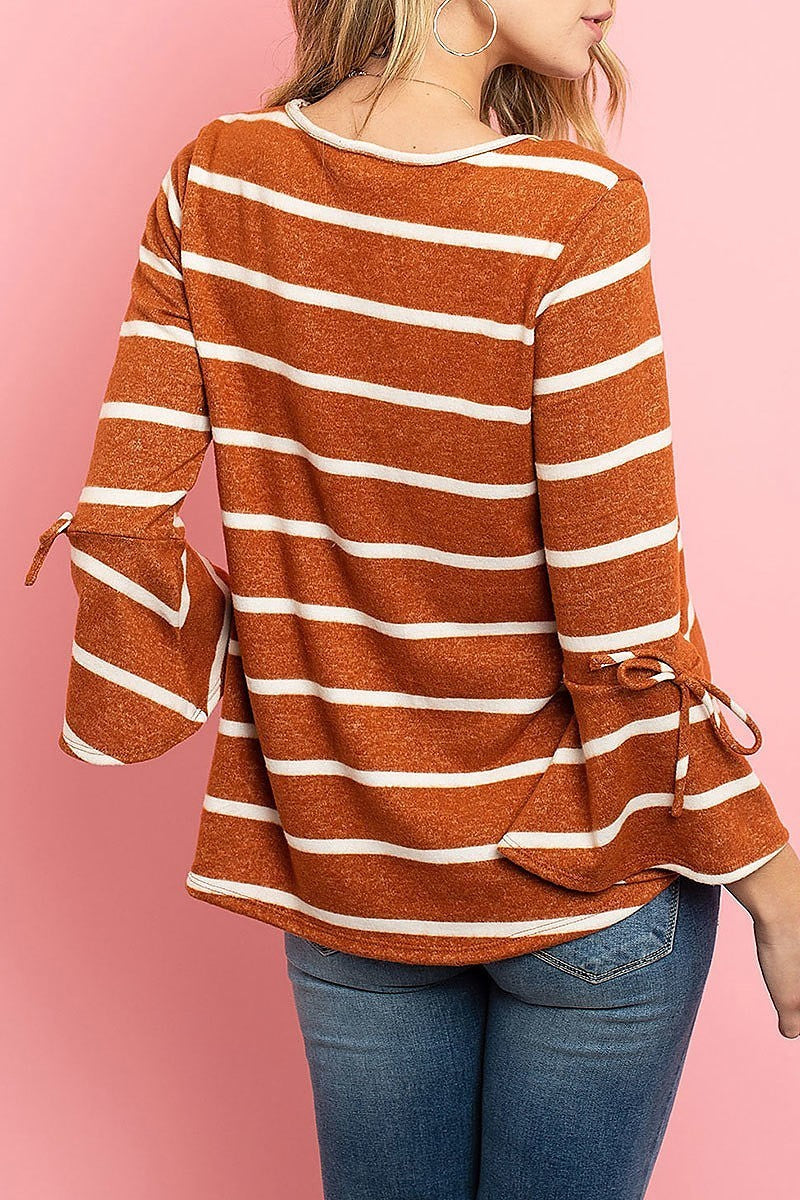 Bell sleeve ribbon detail stripe round hem top (ED8169)