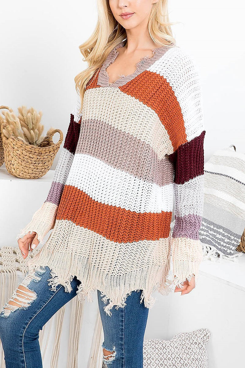 Distressed detail color block sweater (DGS5366-2)