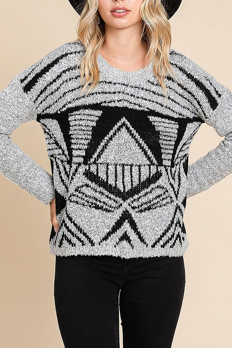 Geometric pattern round neck pullover (EDH1628)