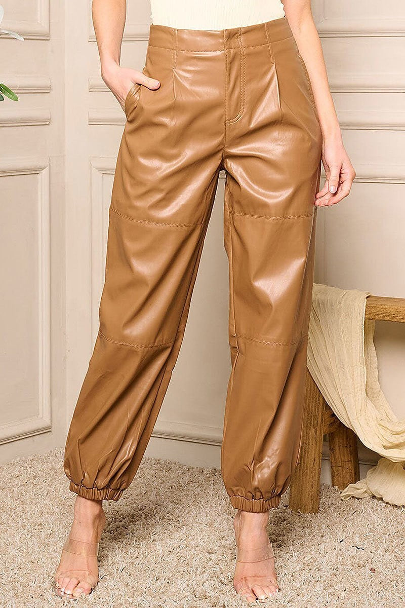 High waist pockets pu pleather pants (EFWT5445)