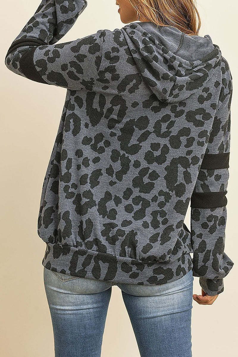 Brushed pocket and sleeved detail leopard print hoodie (ED8145)