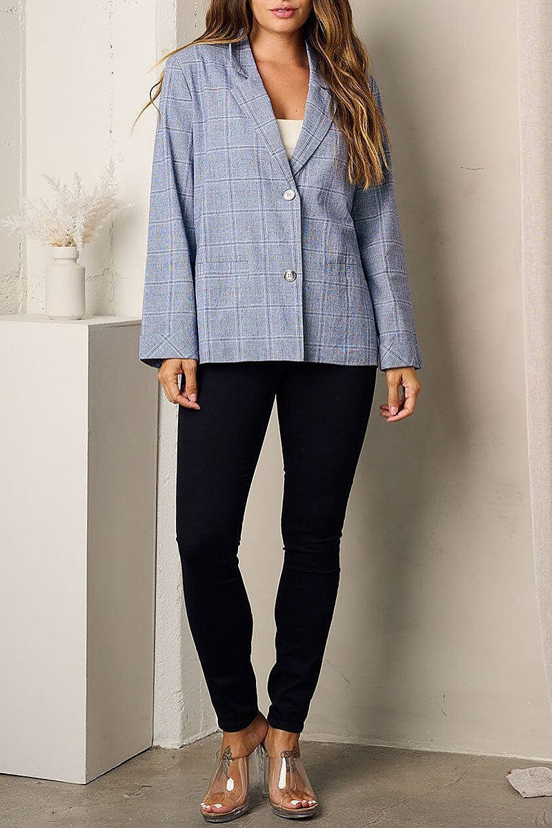 Long sleeve button closure checkers print blazer (EFWT3434)