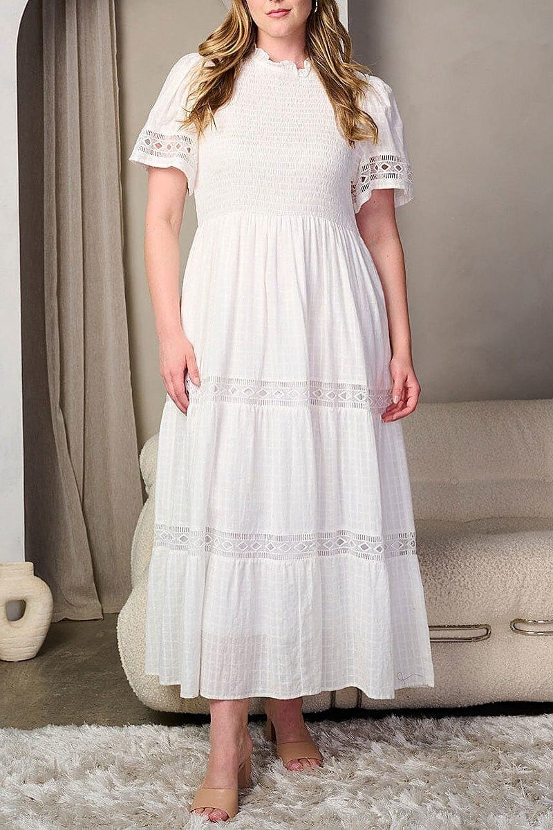 Short sleeve smock tiered trim detailed maxi dress (EFWT8469)