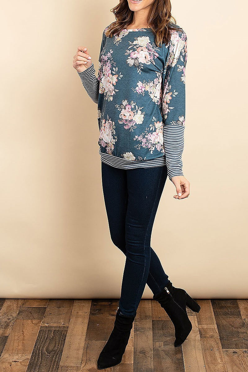 Stripe floral print color block top (ED8010-1)