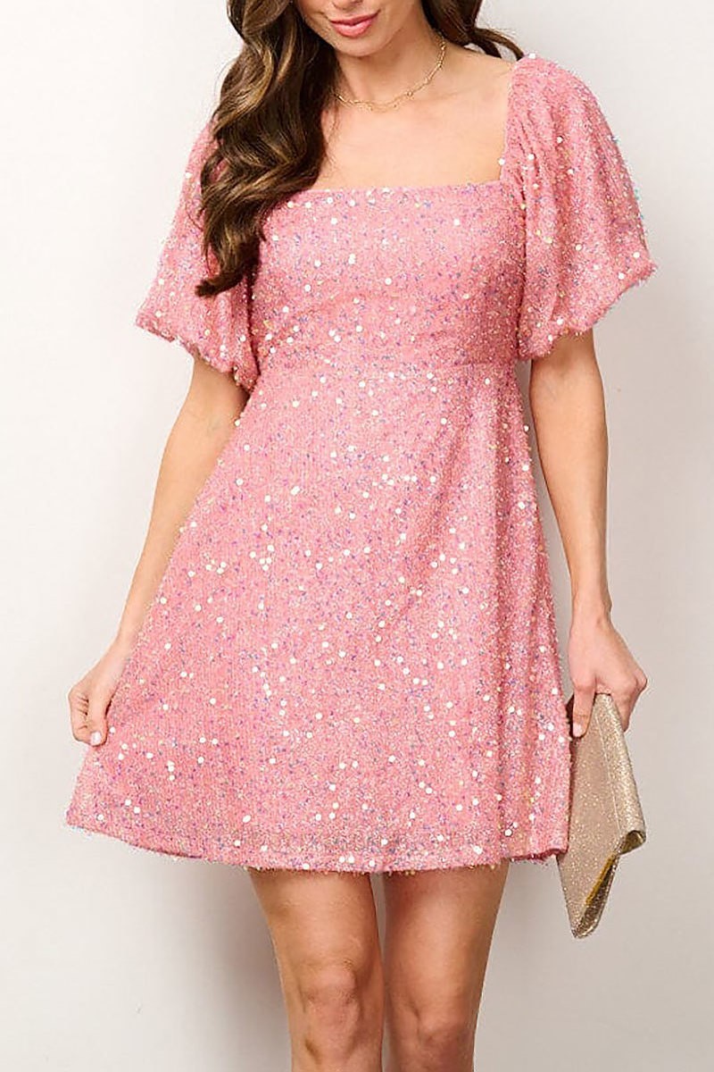 Short puff sleeve back tie sequins mini dress (EFWT6879)