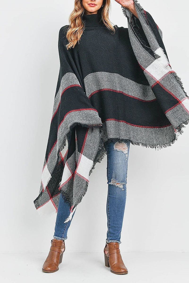 Long plaid turtle kneck poncho (DGS5478)