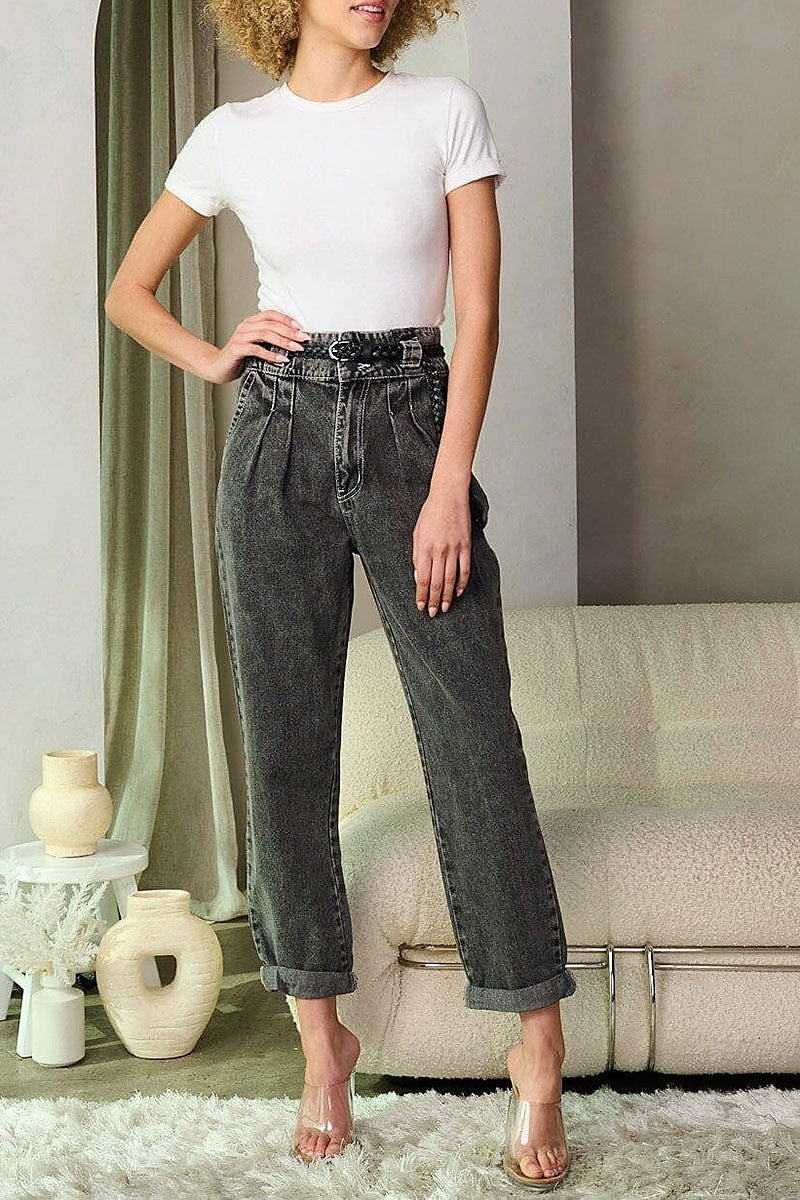 Button closure high waist belted denim pants (EFWT9311-1)