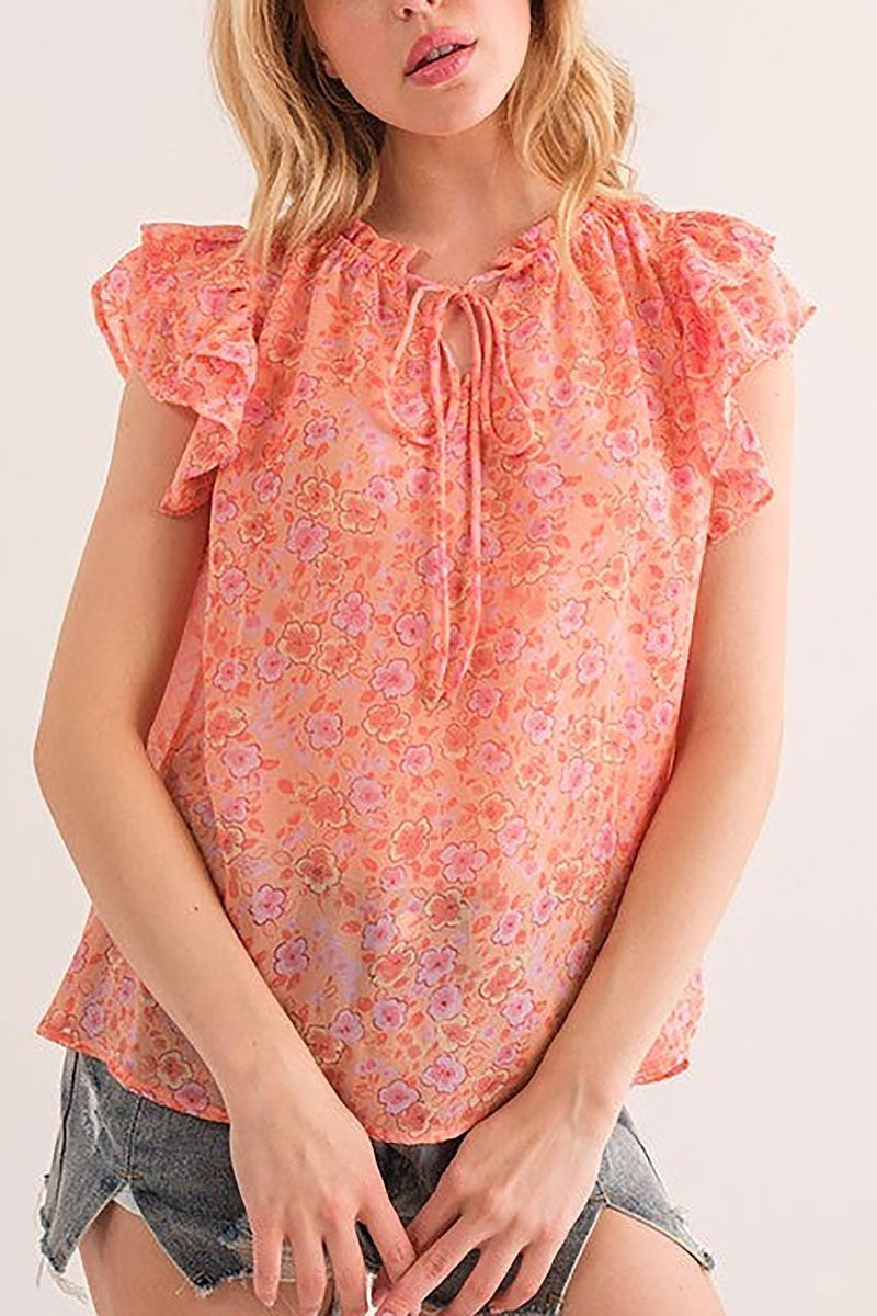 Floral print see-through ruffle sleeves blouse top (EDSW4474)