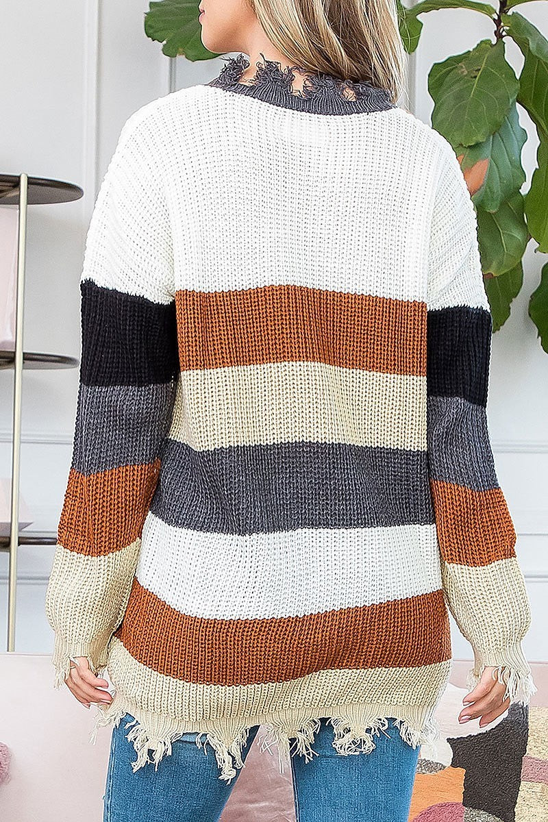 Color block distressed detail v neck sweater (DGS5783)