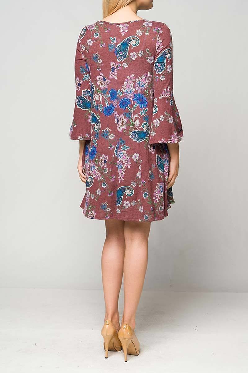 Floral knit bell 3/4 sleeve v-neck shift dress (DGC6976-LAST)