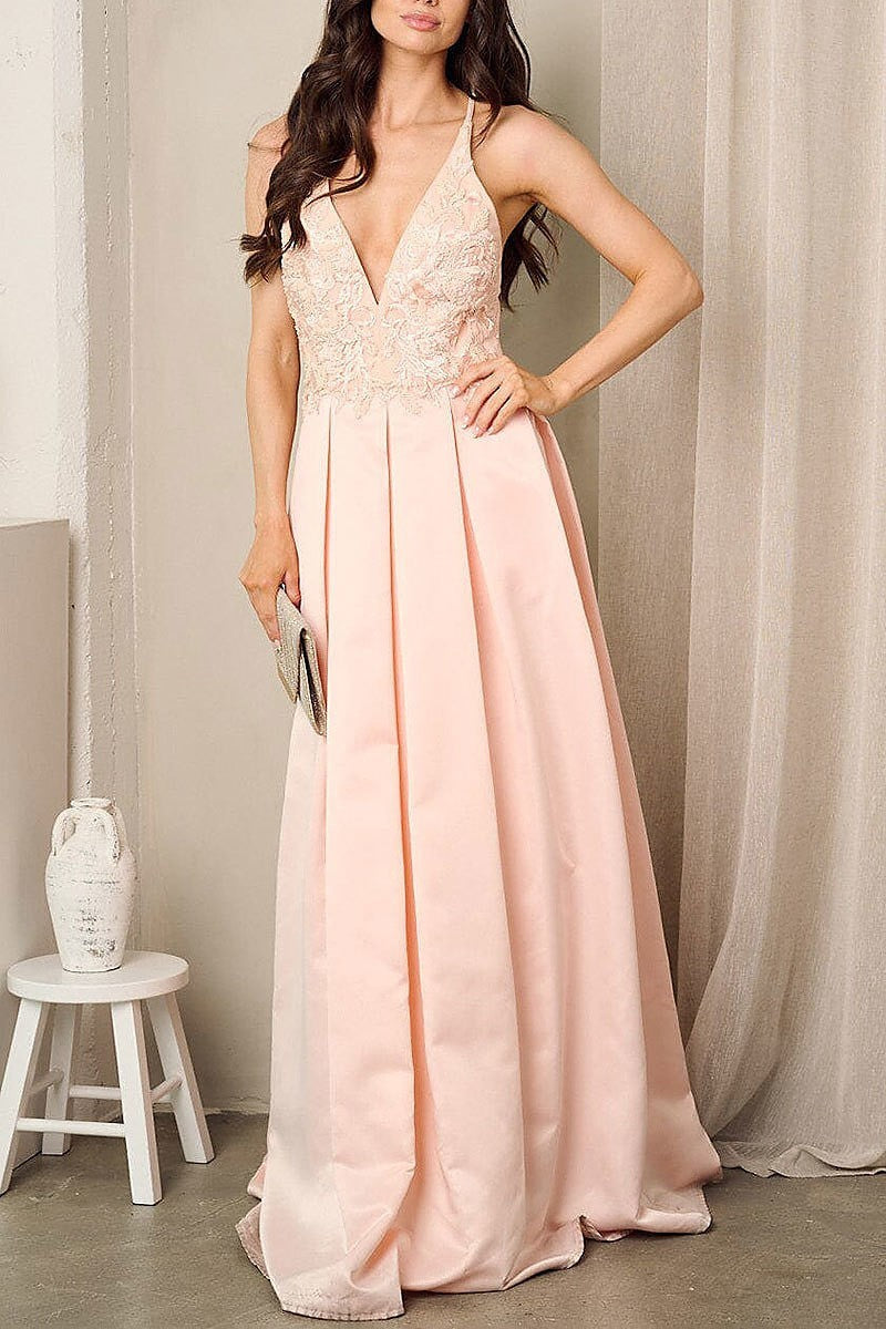 Sleeveless v-neck open back pleated gown dress (EFWT2419)