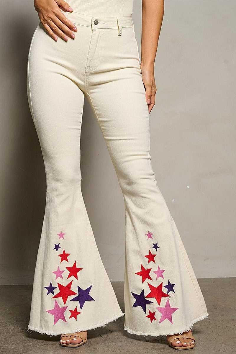 Button closure bell legs stars print denim pants (EFWT9982)