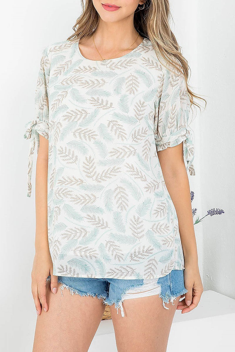 Leaf print tie sleeve round neck top (EF3785)