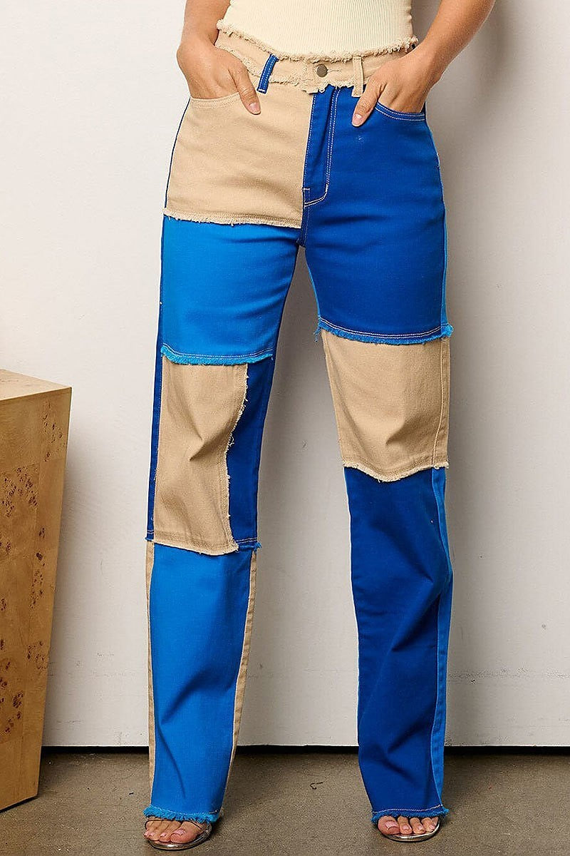 Button closure colorblock denim pants (EFWT8029)