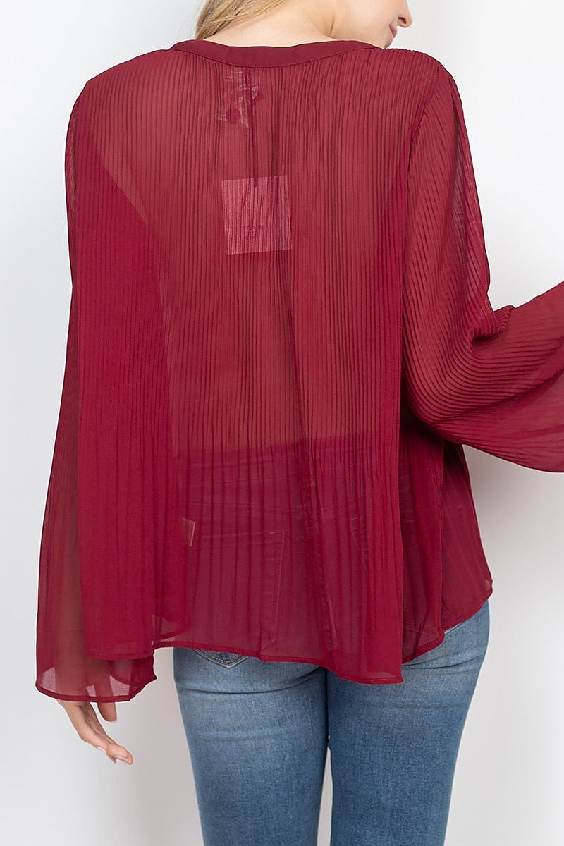 V neck pleated button front sheer top (ED7937-1)