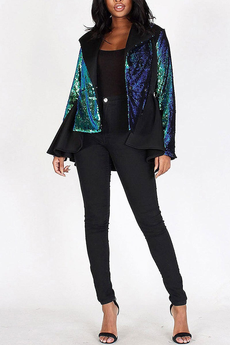 Button closure peplum colorblock sequins jacket (EFWT4311)