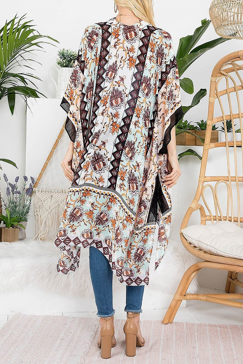 Floral print knee length boho kimono (EF3444)