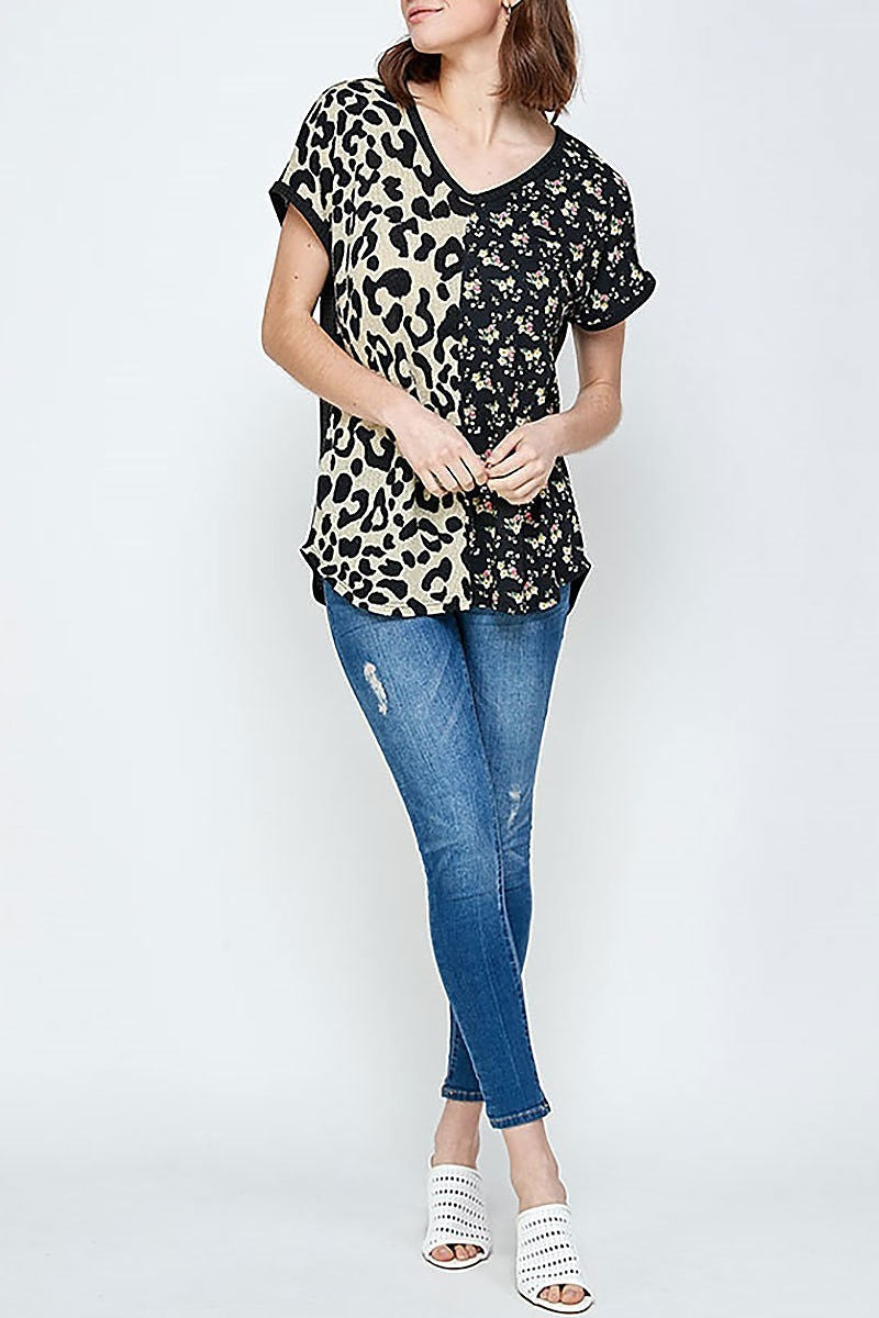 Animal floral color block v neck top (ED9191-1)