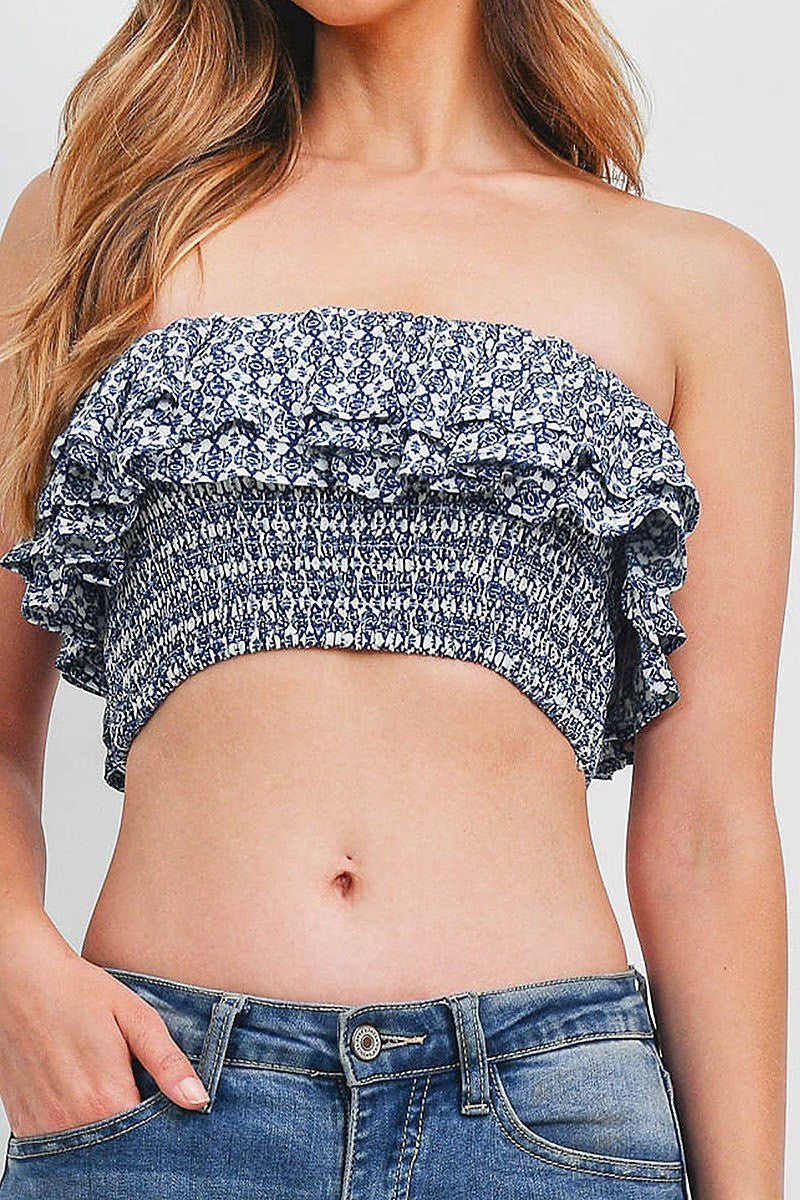 Tribal print ruffle tiered smoke crop top (EF1610)