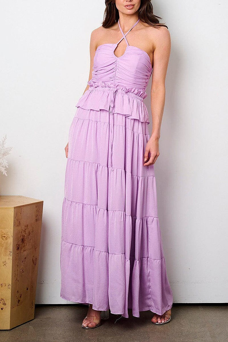 Halter neck ruffle tiered maxi dress (EFWT9073)