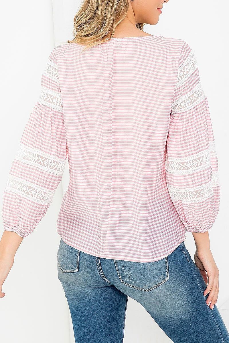 Stripes round neck stretch cuffed sleeve top (EF3550)