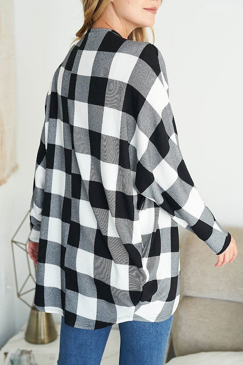 Long sleeve plaid open front cardigan (DGS5607)