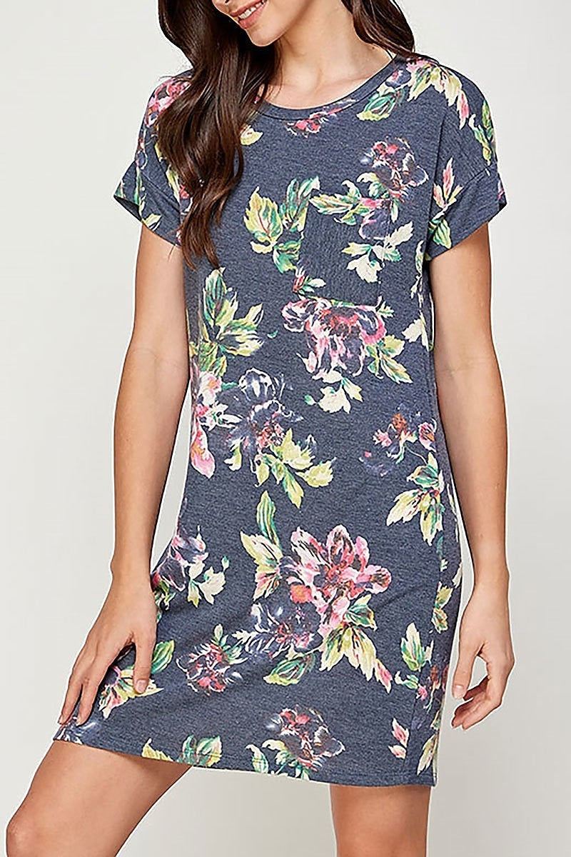 Round neck floral print pocket dress (DED6405)