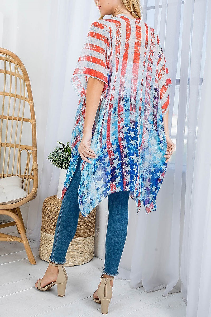 American flag open front knee length kimono (EF4363)